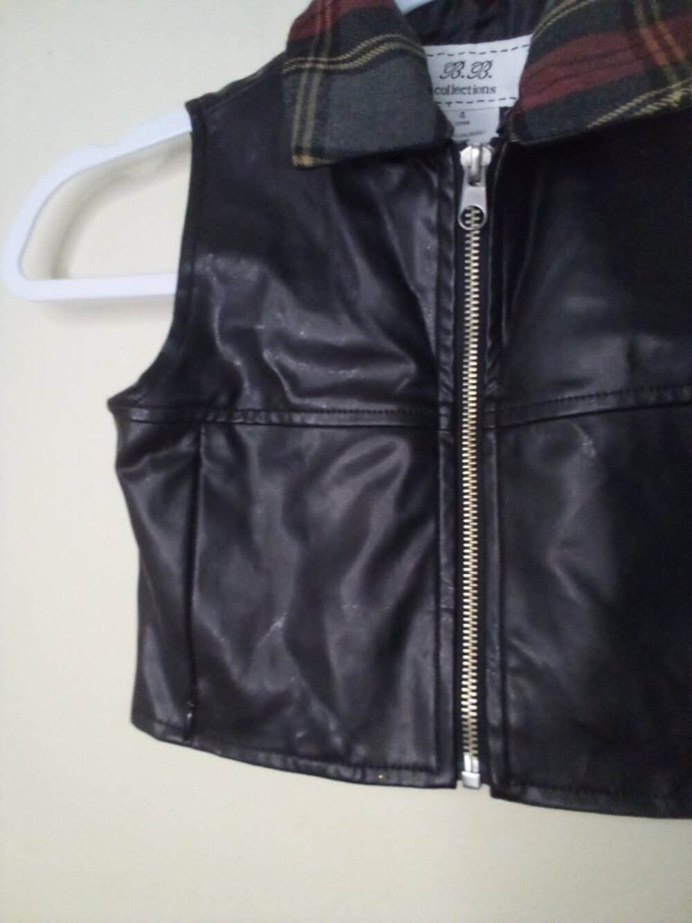 BB Collections Faux Leather Vest Kids Girls 4 Full Zip Sleeveless Plaid Pockets - Picture 4 of 14